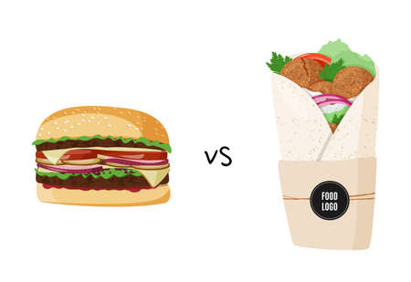Burger and falafel colorful vector illustration. Meat burger vs vegetarian roll.のイラスト素材