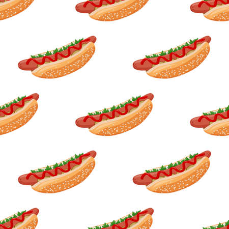 Hot dog seamless pattern. Fast food colorful vector background.のイラスト素材