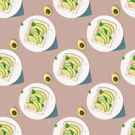 Fresh avocado sandwich repeated seamless pattern. Vector meal background.