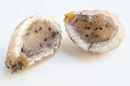 Druse of natural mineral agate. Closeup photo. Couple of beige crystals with black small inclusions.の写真素材