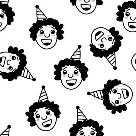 Hand drawn doodle style young happy man face background. Trendy black and white vector seamless pattern.のイラスト素材