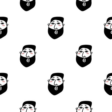 Hand drawn doodle style man with beard face background. Trendy black and white seamless pattern.のイラスト素材