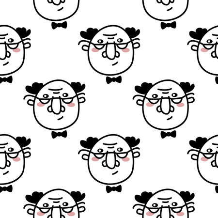 Hand drawn doodle style face of old man with glasses background. Trendy black and white vector seamless pattern.のイラスト素材