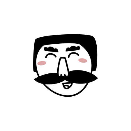 Hand drawn doodle style face of man with bushy mustache. Trendy black and white vector illustration.のイラスト素材