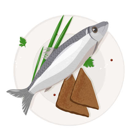 Prepared herring with pieces of bread and onion on the plate. Sea fish dish isolated on white background.のイラスト素材