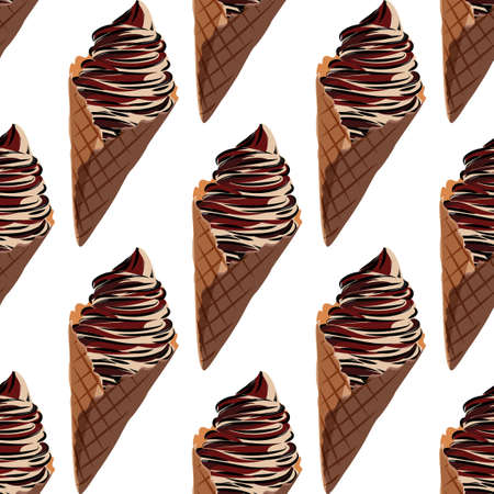Vanilla ice cream with chocolate and berry toppings in waffle cone background. Realistic vector seamless pattern.のイラスト素材