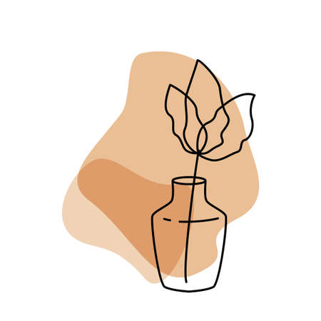 Simple boho style vector illustration. Home flower in circle vase with abstract shapes.のイラスト素材