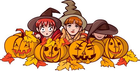 Children in fancy halloween dress sit behind pumpkins and watch carefully
のイラスト素材