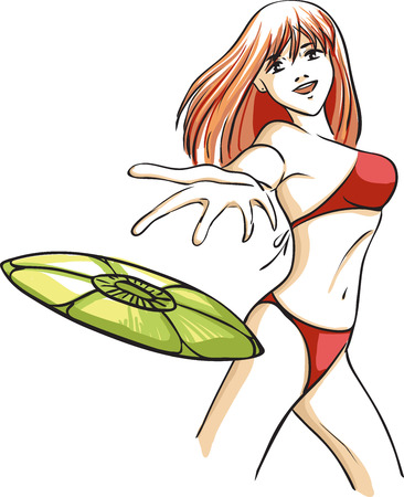 The vector image with the young girl who plays flying plate on a beach. The woman has long red hair and a red bathing suit. Pale color palette.
のイラスト素材