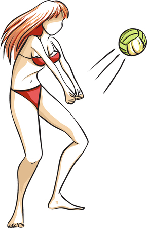 The vector picture with the young girl who plays volleyball on a beach. The woman has long red hair and a red bathing suit. Pale color palette.
のイラスト素材
