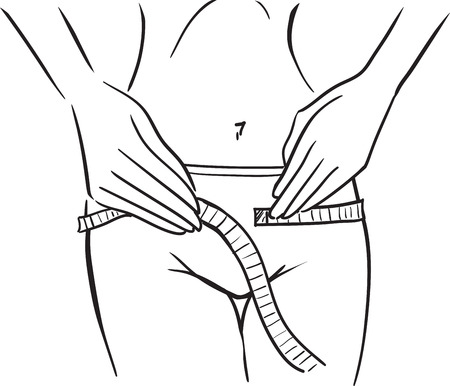 Young slender woman measures hips by tape. Vector one color image drawing with black linesのイラスト素材