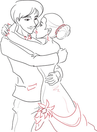 Happy young beautiful couple man and woman embrace. Subjects are wedding, bride, groom, wedding invitation. Vector image
のイラスト素材