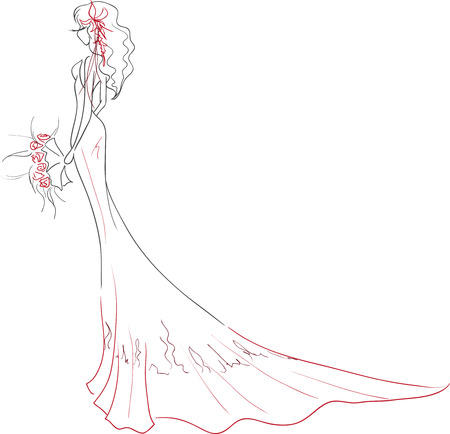 Vector illustration. The young graceful bride in profile with flower bouquet  in long dress
のイラスト素材