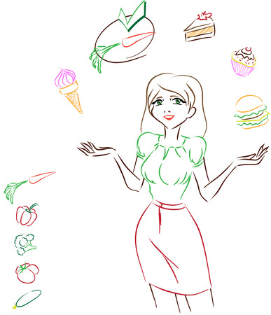 The vector image with young slender girl who prefers to eat vegetables than high-calorie cakes. Subjects are healthy nutrition, weight loss, vegetarianism.
のイラスト素材
