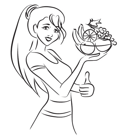 The slender beautiful woman looking at camera holds in a hand plate with fresh fruits. Themes are diet, healthy lifestyle, weight loss, healthy food. Vector monochrome image
のイラスト素材
