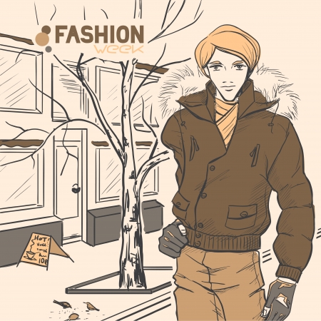 The young beautiful handsome male on the street. Autumn. Cloud. Yellow and brown colors. Comic styleのイラスト素材