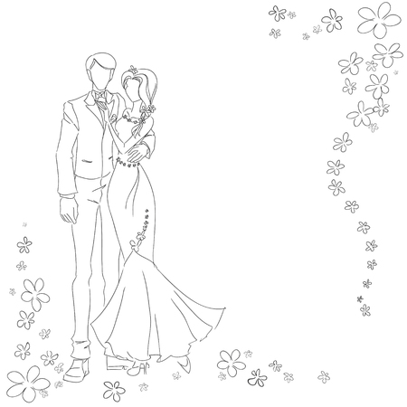 Man and woman drawing by lines. Monochrome vector image. Themes are wedding, love, relations.のイラスト素材
