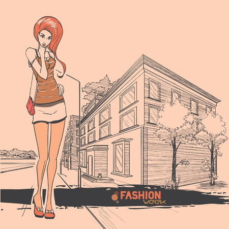 Series Urban fashion. Street panorama and slender glamour beautiful young girl. Vector image.のイラスト素材