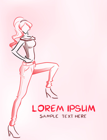 Silhouette of standing elegant slender woman in jeans drawing by linesのイラスト素材