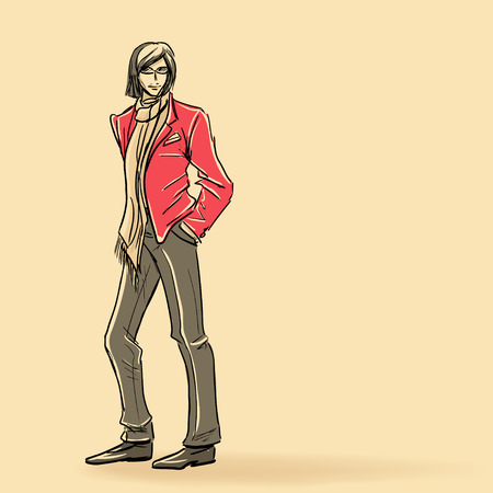 Fashionable man in red coat and long scarfのイラスト素材