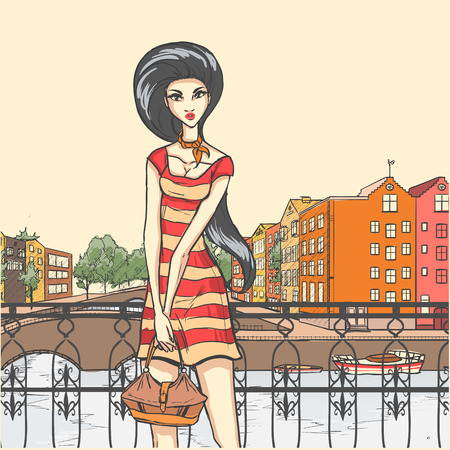 Series Urban fashion. Street panorama and slender glamour stands on wharf. Vector cartoon background.のイラスト素材