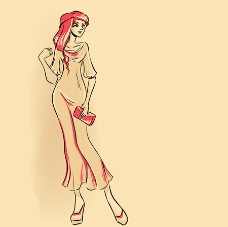 Elegant sexy  woman in long evening  dress holding clutch. Series Woman's silhouettesのイラスト素材