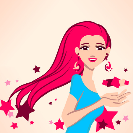 Red bright background with girl and stars. Girl holds something on her hands.のイラスト素材