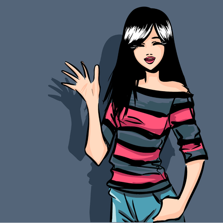 The young smiling elegant brunette dressed in jeans and stripy  shirtのイラスト素材