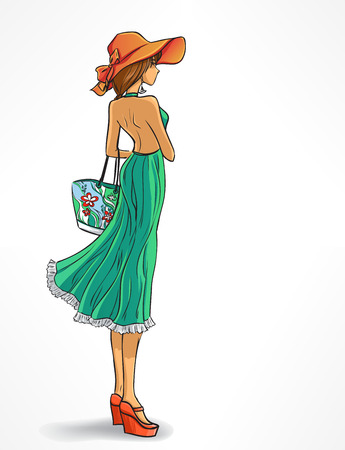 Beach look. Elegant standing woman in hat and  long green dress with bag. Cartoon isolatedのイラスト素材