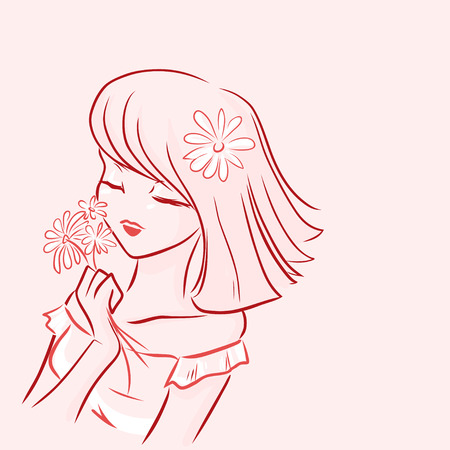 Young girl holds in hand flower of daisyのイラスト素材