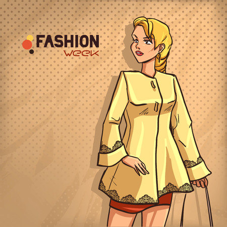 Elegant fashion beautiful lady with long blonde hair. Girl is dressed in autumn clothes - dress, raincoat, gloves. Color vector background.のイラスト素材