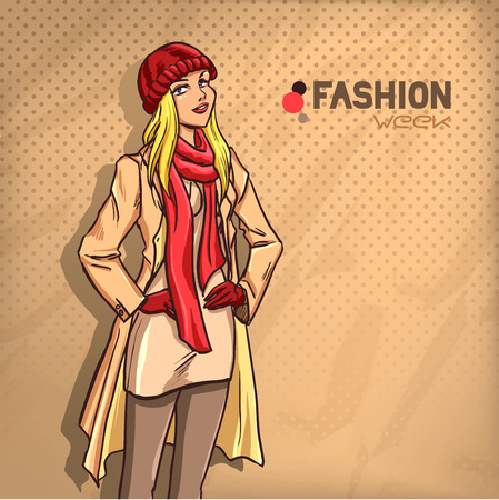 Elegant fashion beautiful blonde in full length. Girl is dressed in autumn clothes - dress, raincoat, cap, gloves, boots. Color vector background.のイラスト素材