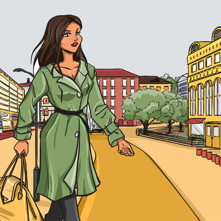 Uban city architectural panorama. Young girl in autumn clothes wuth bag. のイラスト素材