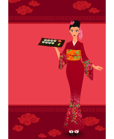Young asian girl holds tray with sushi maki.  Woman wears traditional japanese kimono. Menu template with japanese elements. Vector color cartoon illustration.のイラスト素材