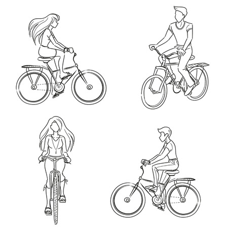 Man and woman riding a bicycle. Young girl and guy wearing summer clothes. Front and profile view. Vector monochrome, drawing by lines.のイラスト素材