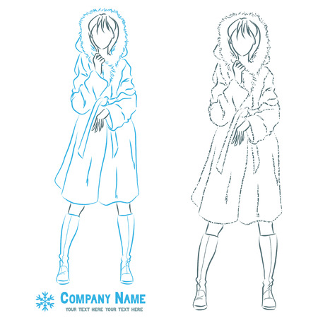 Young elegant beautiful woman at outerwear clothes. Female wears winter fur coat.  Symbolic body shape. Vector monochromatic drawing.のイラスト素材