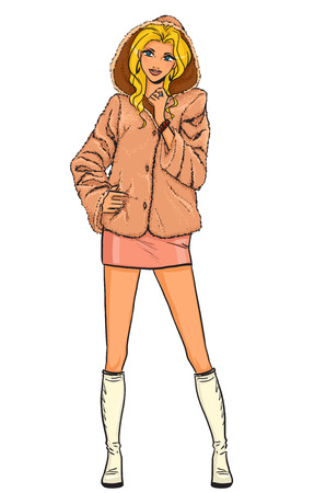 Elegant beautiful woman with blonde hair wears winter clothes: short fur coat, skirt and high boots. Vector color hand drawing. Comics style.のイラスト素材