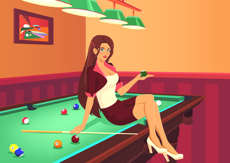 Young graceful  girl invites to play game of american pool. Beautiful girl sits on billiard table in room. She has elegant figure, long legs and sexuality lips. Color vector graphic.のイラスト素材