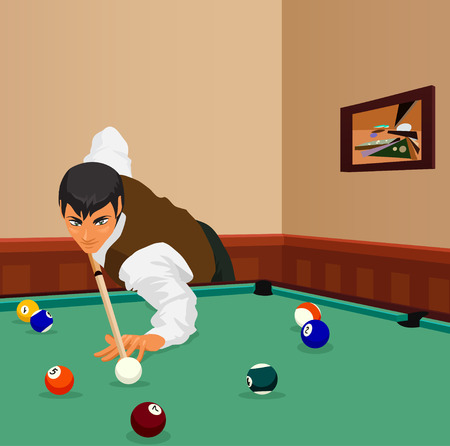 American billiards pool. Young man plays game of billiards in hall. Guy is aiming and going to make shot with a cue. Game in progress, bordo ball about to be potted. Color vector graphic.のイラスト素材