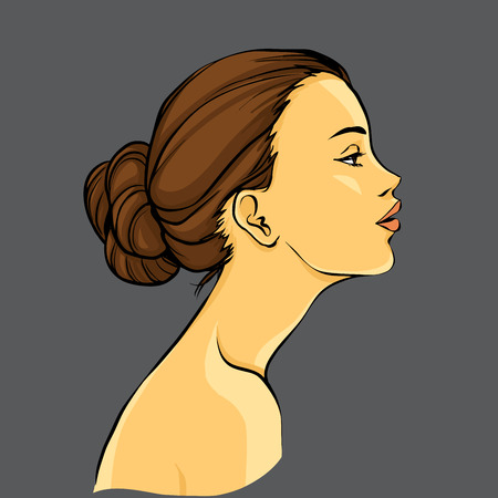 Profile of young beautiful woman with hair bun. Color cartoon vector. Hand drawing.のイラスト素材