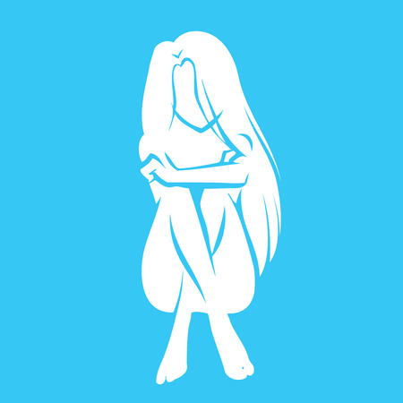 Symbolic silhouette of young slender woman sitting on ground. Simple sign for spa salon. Vector cartoon.のイラスト素材