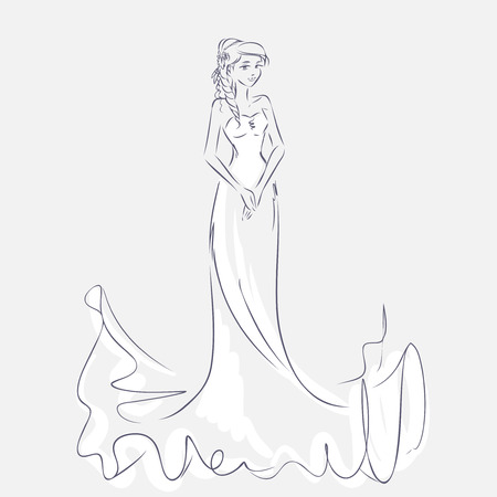 Art sketch of elegant young bride with the bride's bouquet. Standing girl at full length. Sketchy background with space for text. Hand vector card drawing by lines. Wedding or fashion themes.のイラスト素材