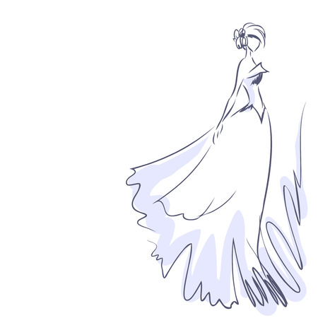 Art sketch of elegant young bride with the bride's bouquet. Standing girl at full length. Sketchy background with space for text. Hand vector card drawing by lines. Wedding or fashion themes.のイラスト素材