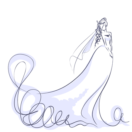Art sketch of elegant young bride with the bride's bouquet. Standing girl at full length. Sketchy background with space for text. Hand vector card drawing by lines. Wedding or fashion themes.のイラスト素材