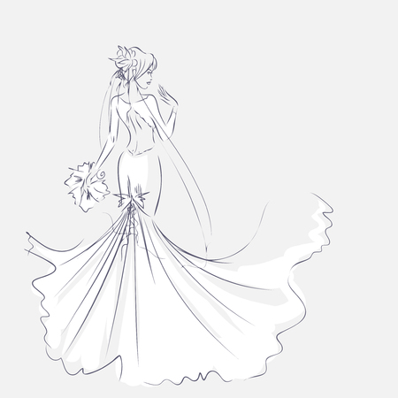 Art sketch of elegant young bride with the bride's bouquet. Standing girl at full length. Sketchy background with space for text. Hand vector card drawing by lines. Wedding or fashion themes.のイラスト素材