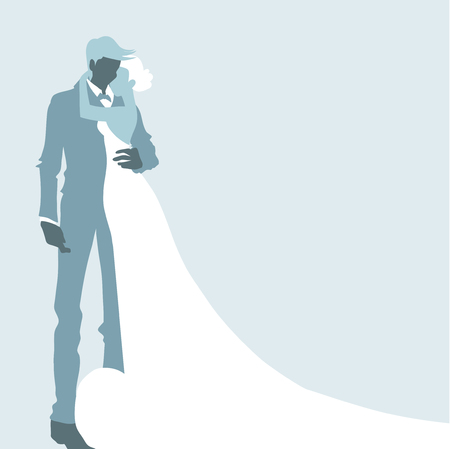 Wedding day invitation card with silhouette of couple. Romantic bride and groom are standing and embracing. Vector color cartoon.のイラスト素材