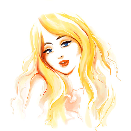 Portrait of young pretty glamour girl with long blonde hair. Watercolor digital imitation drawing on white background. image. Raster non-traced copy is available.のイラスト素材