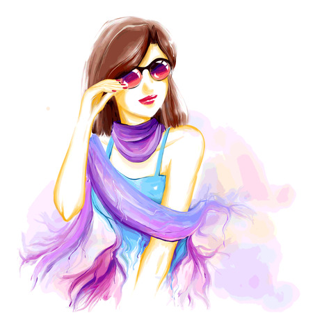 Portrait of young pretty glamour girl with sunglasses. Watercolor digital imitation drawing on white background. Raster non-traced copy is available.のイラスト素材