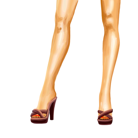 Elegant straight female legs in  high heels. Confident pose. drawing is slightly higher than a knee.   Watercolor digital isolated image on white background.のイラスト素材