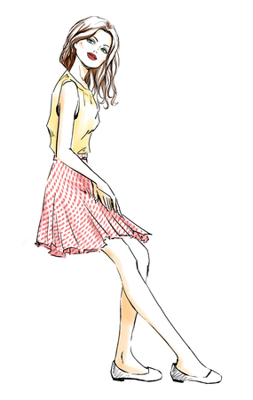 Sketch of beautiful woman at summer dress. Girl with a smoky eyes, sensual lips. Fashion illustration, freehand drawing. Aquarelle imitation.の写真素材